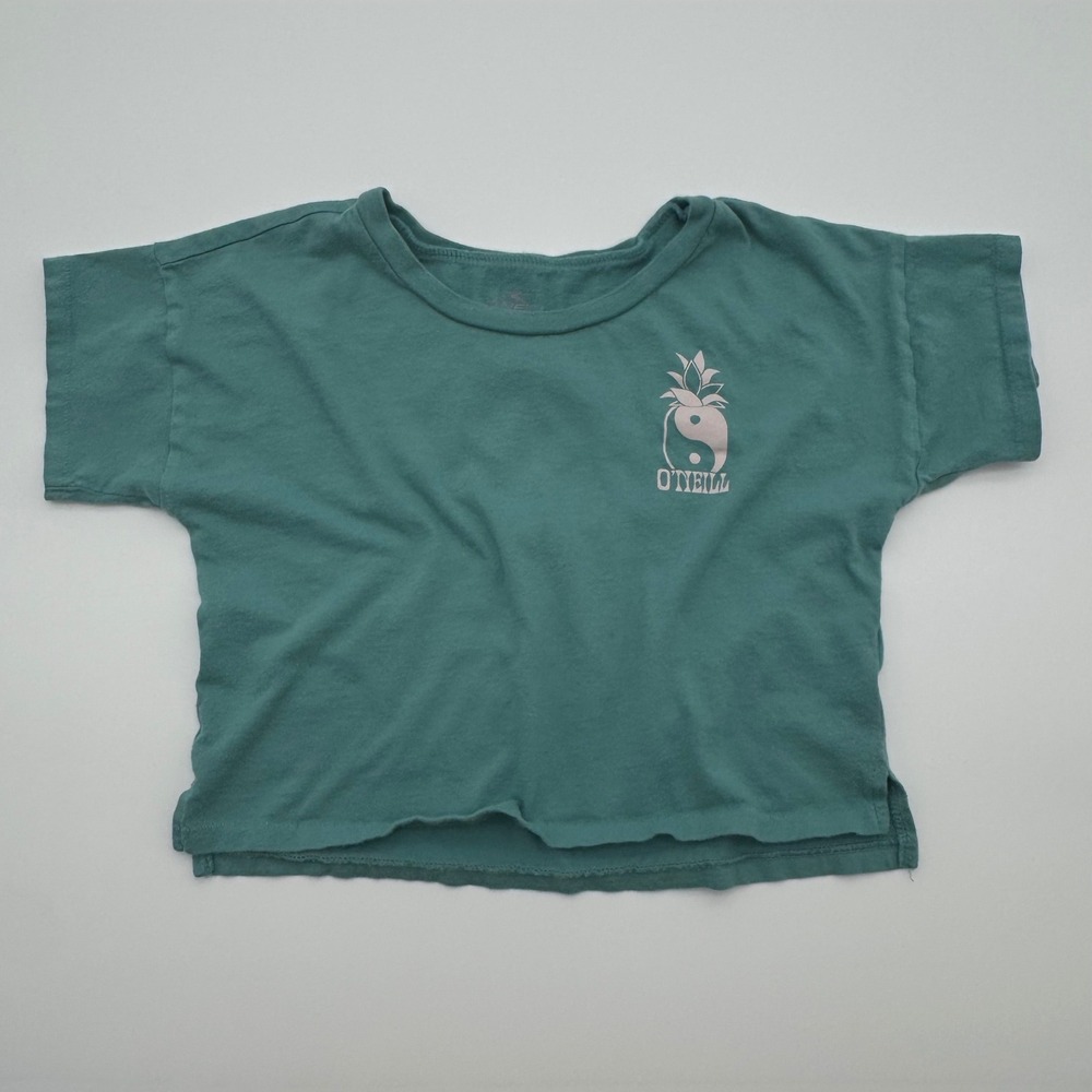 O'Neill Womens Teal Blue Green Yin Yang Pineapple Graphic Cropped T-Shirt Size S